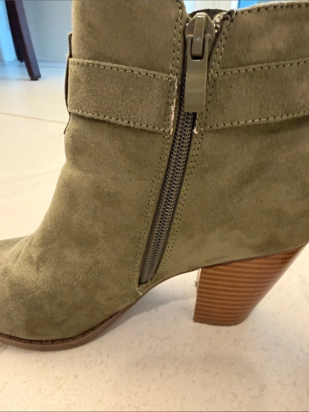 Diba Olive Suede Ankle Booties with Stacked Heel